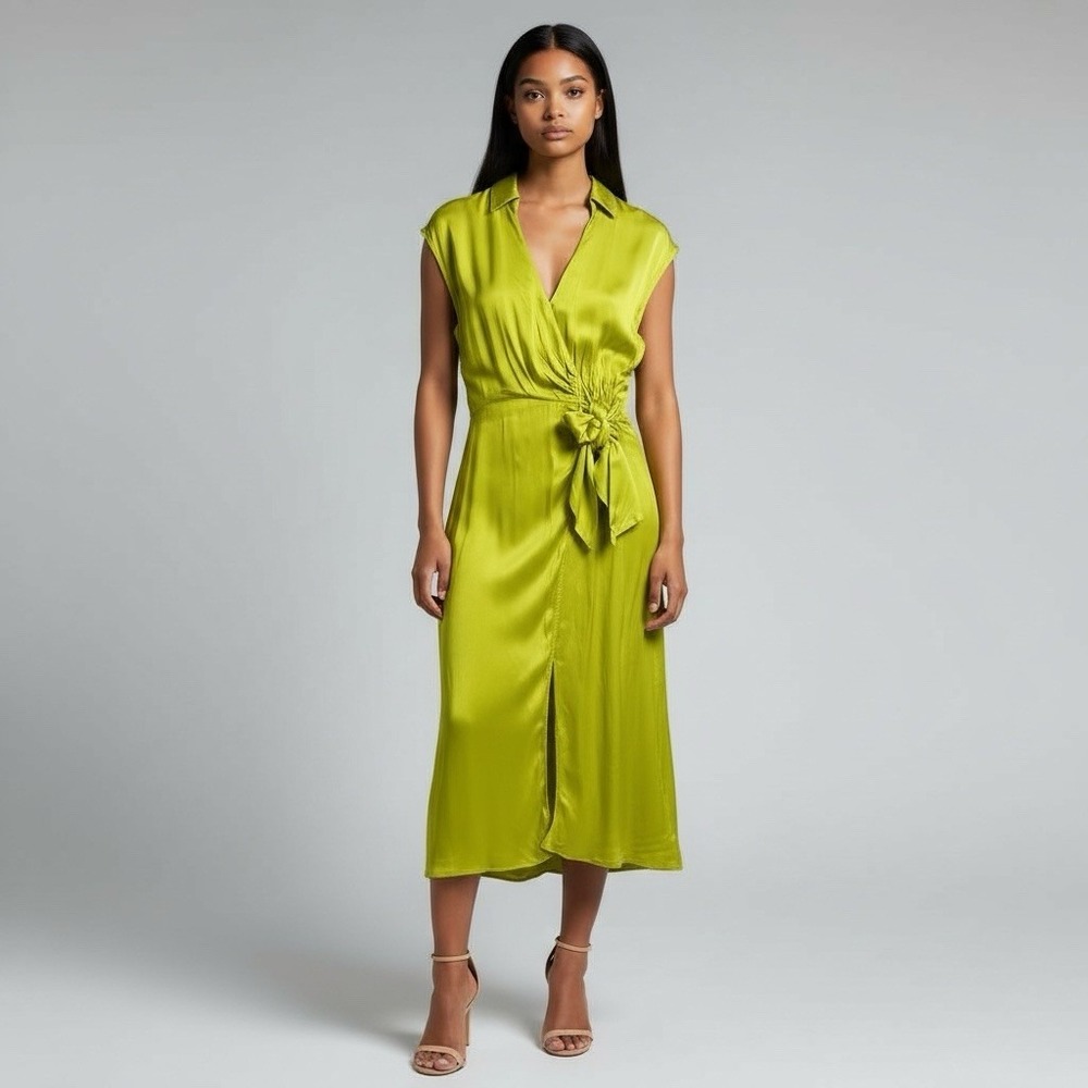 Anthropologie Maeve Medium Bright Metallic Yellow Open-Back‎ FauxWrap Midi Dress